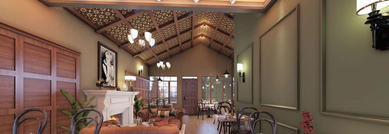 Elegant restaurant interior with a vaulted woven ceiling, classic panelling, and formal dining tables under warm lighting at BluSalzz Terrah Hills Resort, Dalhousie.