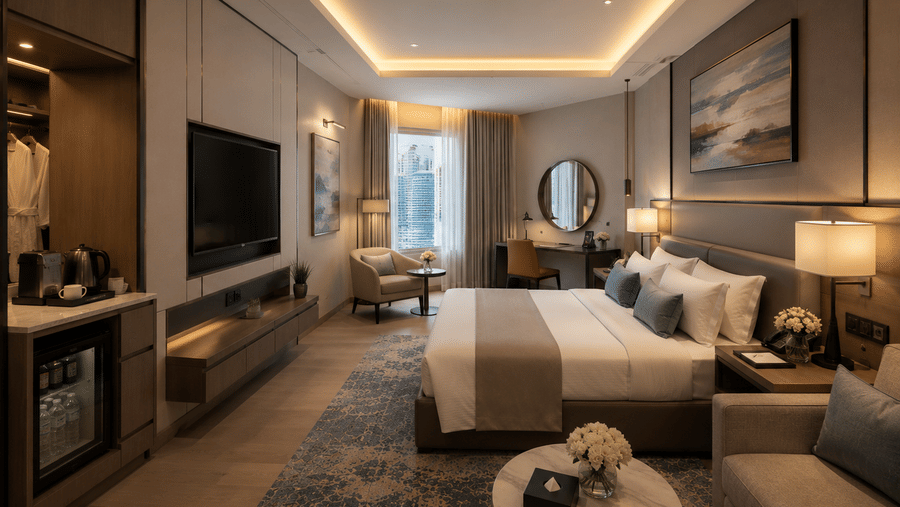 Bedroom suite at Tulip Inn Bidar with a double bed, seating corner, minibar unit, wall-mounted television, desk area, and bedside lamps.