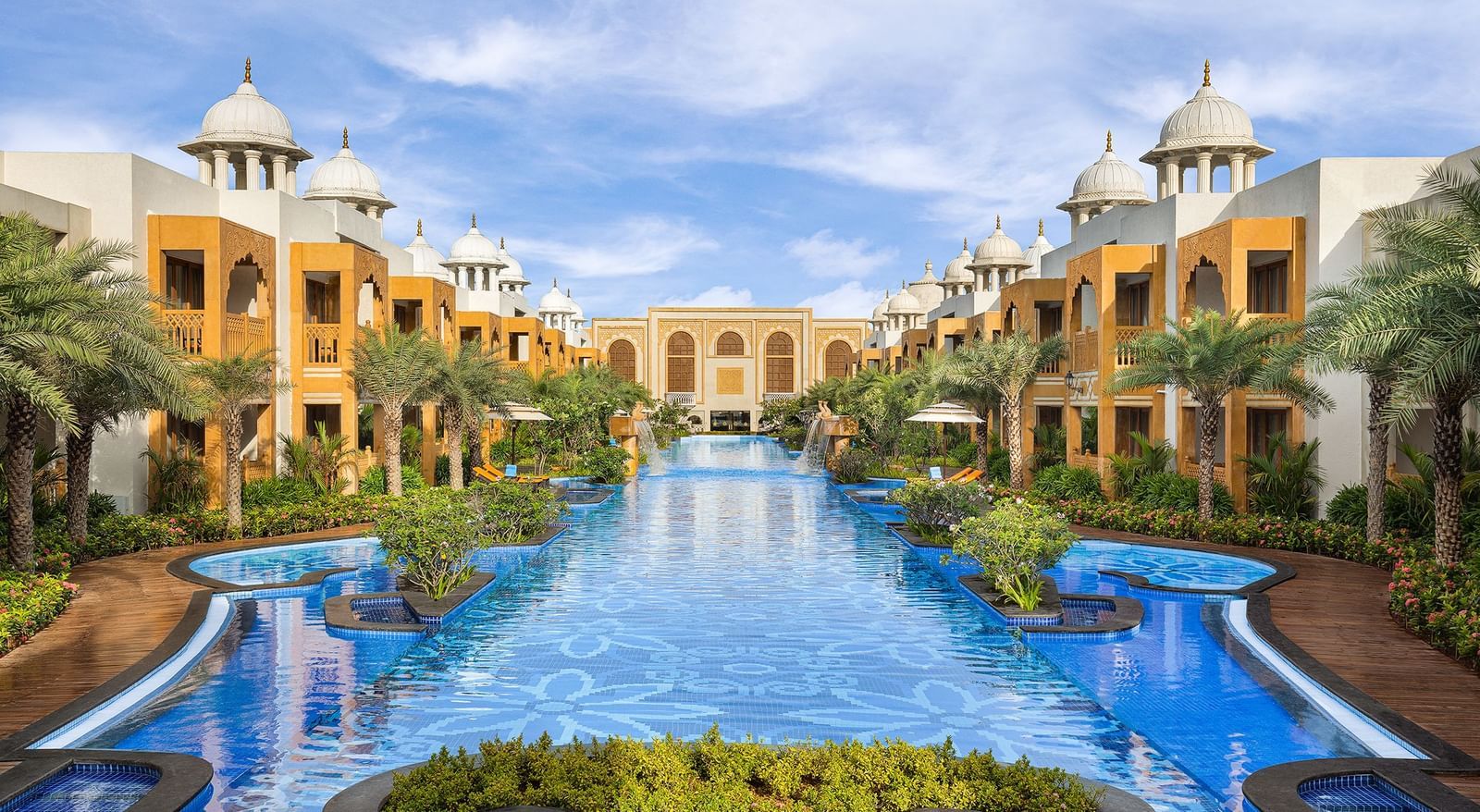 Grand view of the central water feature surrounded by luxurious architecture at our palace - Kaldan Samudhra