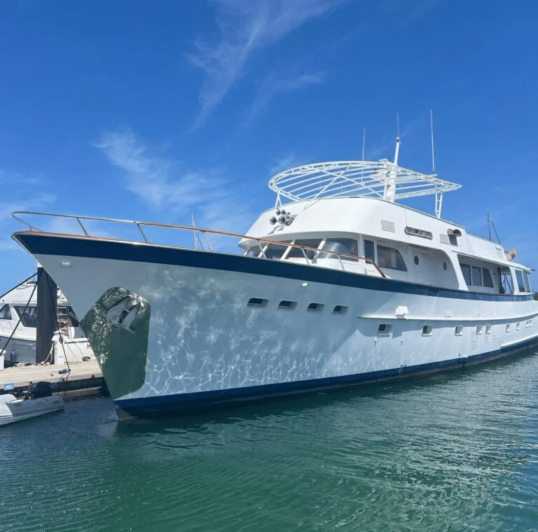 Corner view of the hull of a cruise named the Dreamcatcher stationed at a dock with clear blue skies in the background.
