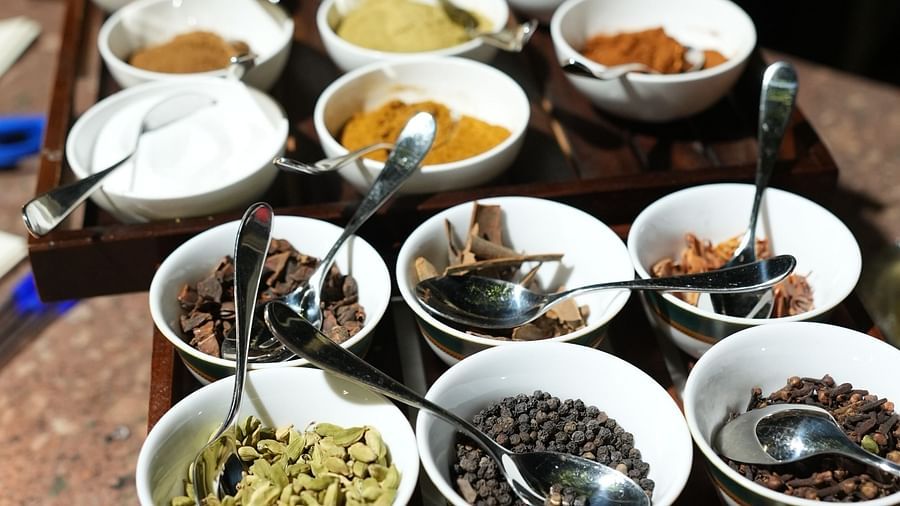 A colourful spread of traditional Indian condiments and chutneys arranged neatly in bowls - Khas Bagh, Jaipur.