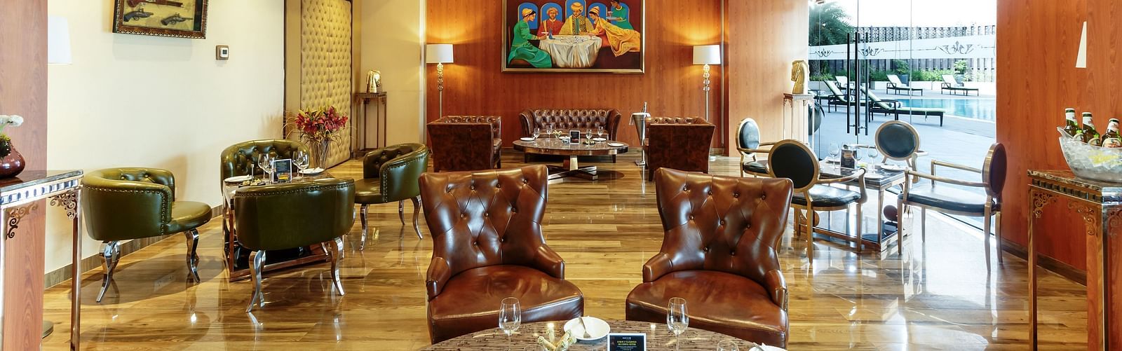 Various kind of seating in the bar at Golden Suites, Gurgaon