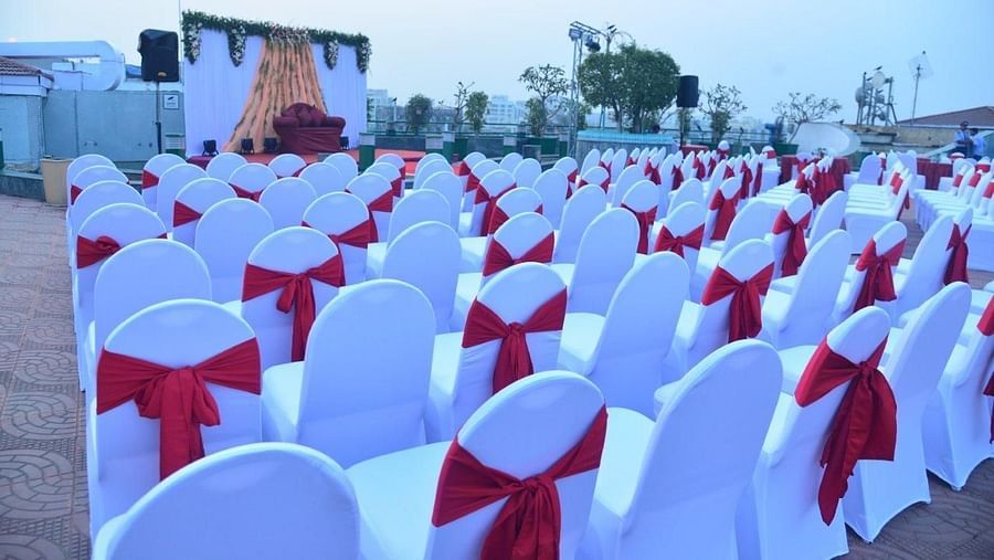 banquet decor set up for a wedding ceremony - The interior of the banquet hall prepped for a
