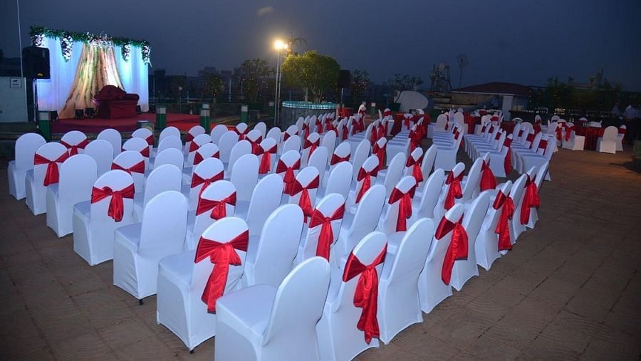banquet decor set up for a wedding ceremony - The interior of the banquet hall prepped for a