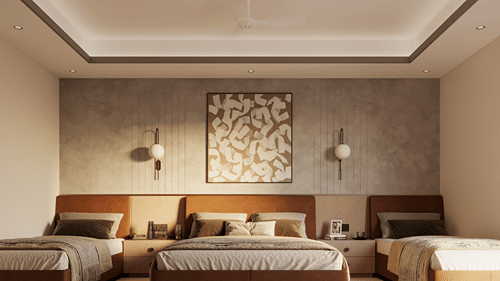Twin bedroom at Ananta Elite Somnath with warm interiors, comfortable bedding and a relaxing ambience