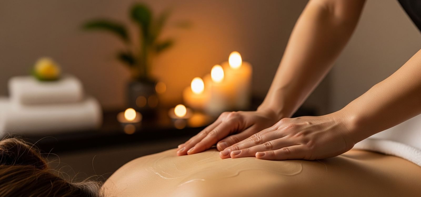 Person receiving a back massage with candles in the background.