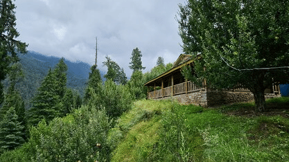 A wide-angle shot of the beautiful green forests enveloping the Hamta Peak Cottage at Amara Upepo - The Sky Village, Manali, with an overcast sky in the background.