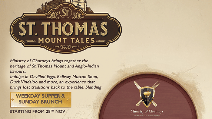 Poster for St. Thomas Mount Tales at Radisson Blu GRT Chennai, showcasing Anglo-Indian dishes, weekday supper, Sunday brunch, and a chef illustration with scenic window view.