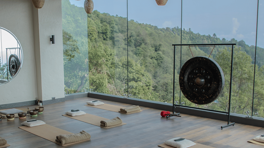  A spacious, tranquil meditation studio with floor-to-ceiling glass windows overlooking a lush, green mountain forest.