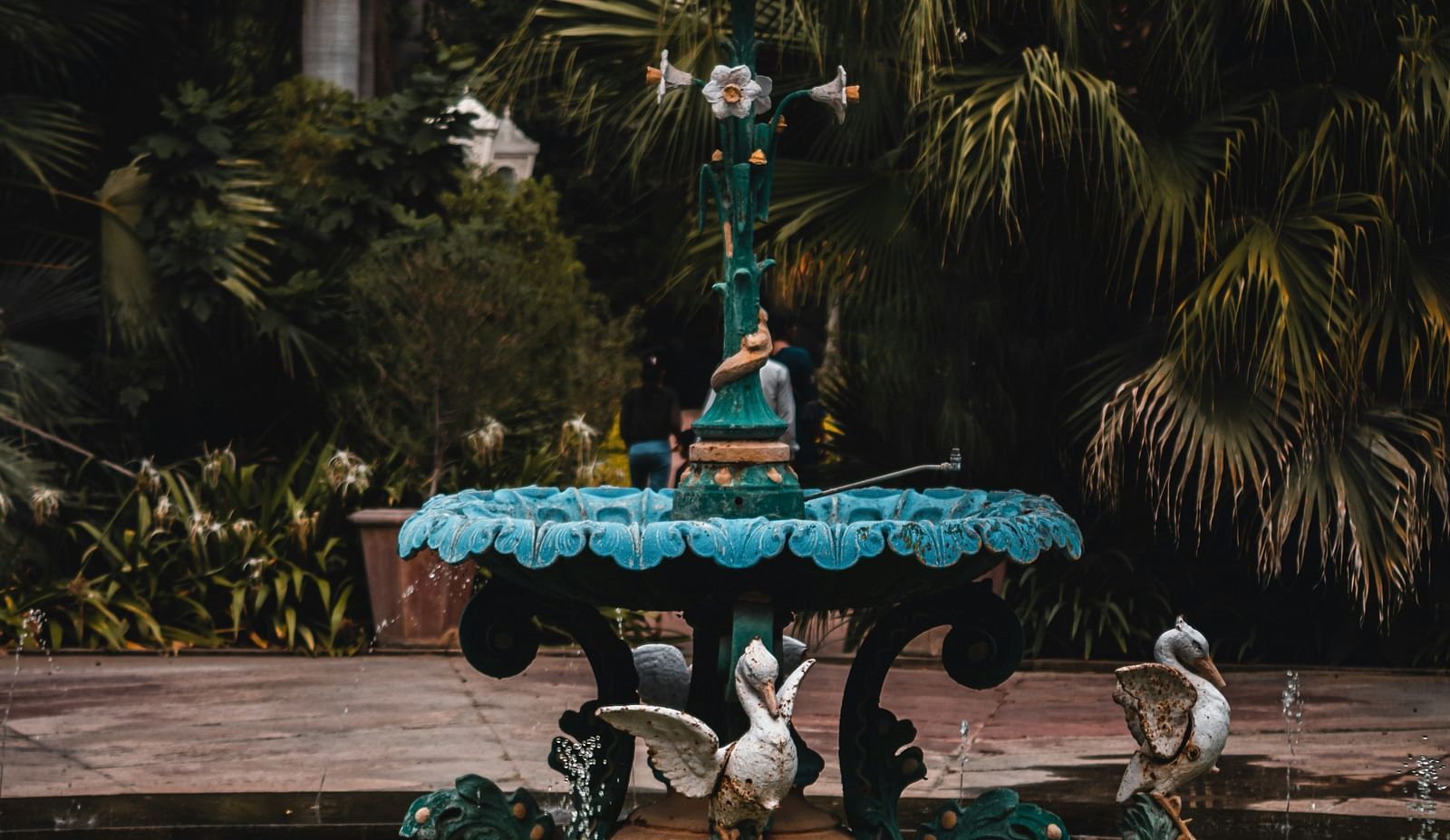An overview of a fountain at Saheliyon Ki Bari with bird statues on it