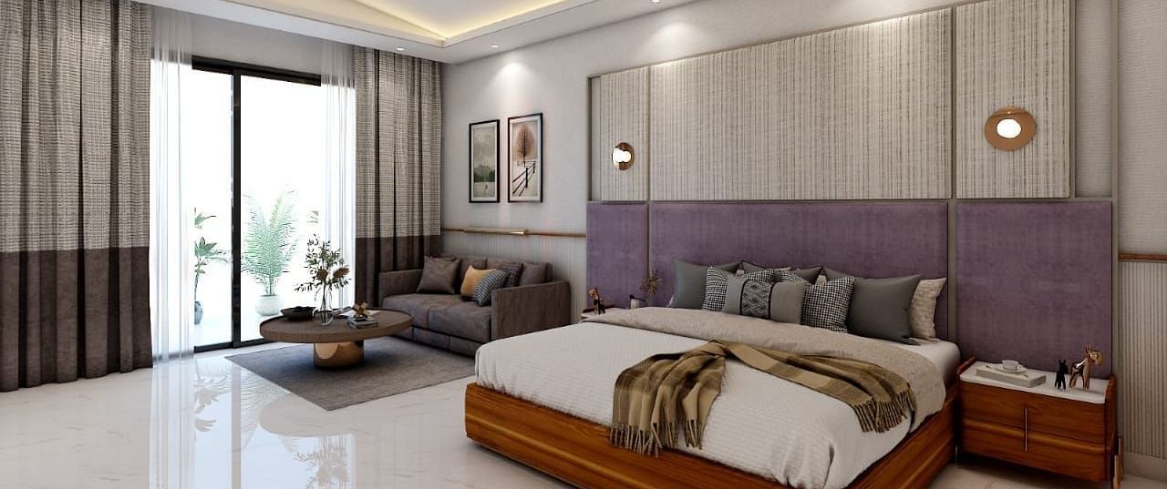 A beautiful room with ample of natural light coming from the huge french windows featuring a double bed in the room. - Namaste Corbett