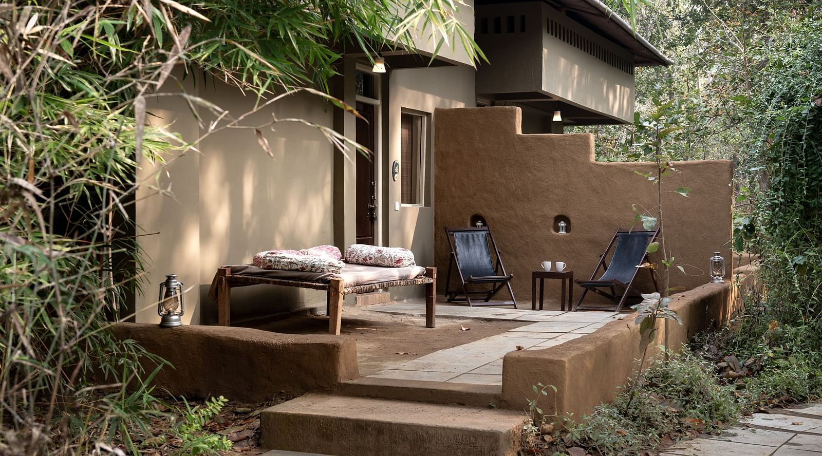 Sit-out area outside Jungle cottage at Saccharum Safari Lodge, Balaghat