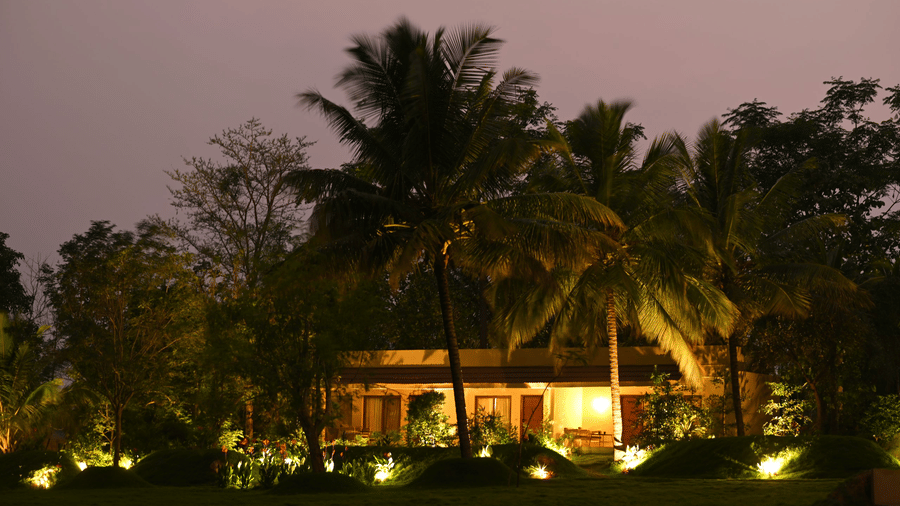 Fireflies Resort Kabini beautifully illuminated at twilight, surrounded by lush tropical greenery under a stunning purple-hued evening sky.