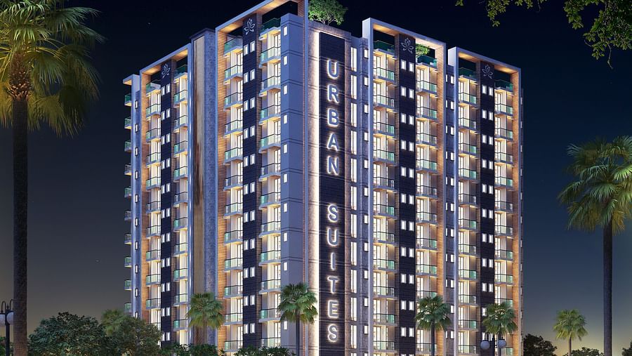 Facade view of Urban Suites by BluSalzz, Jaipur against the night sky, with the building glowing beautifully in the evening light.