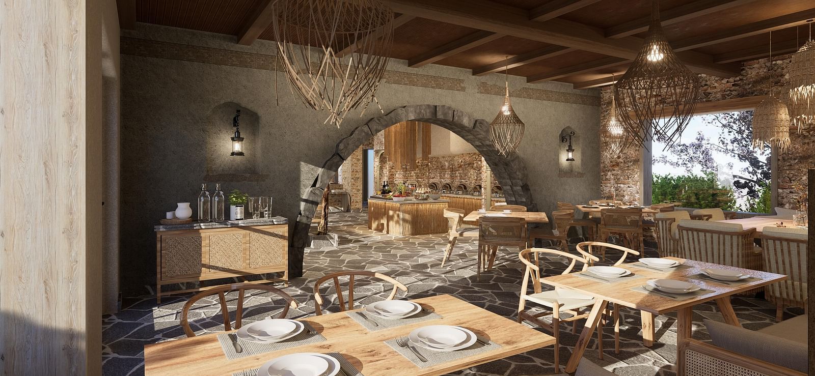 A restaurant with neatly set tables and chairs, featuring woven light decorations hanging at The Evren, Vagator.