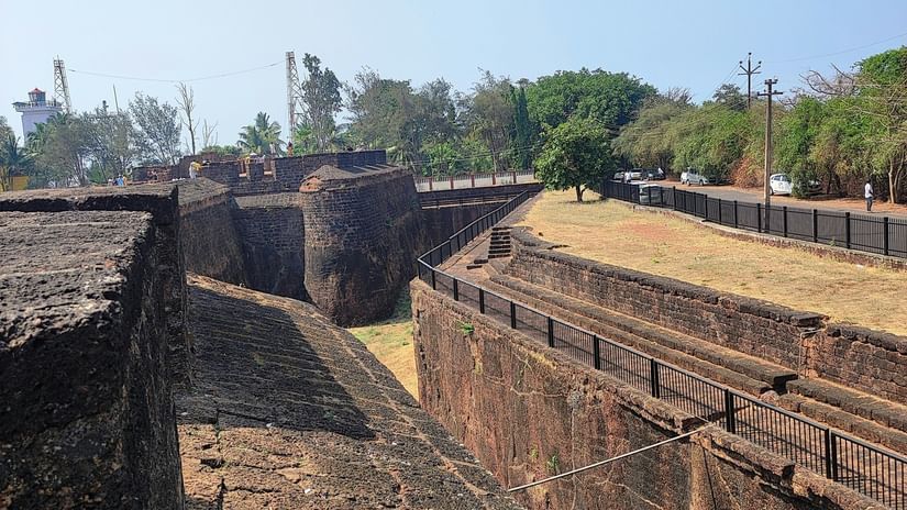 A view from top of the Thirumayam Fort Temple with trees in the background.
