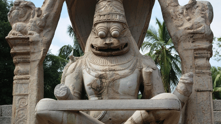 An overview of a stone sculpture inside Lakshmi Devi Temple in Hassan.