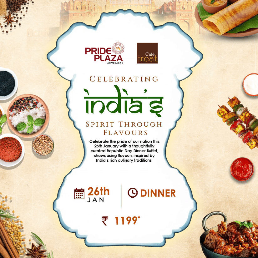 Republic Day dinner buffet celebration poster at Pride Plaza Ahmedabad featuring Indian spices, traditional dishes, and event details for January 26th.