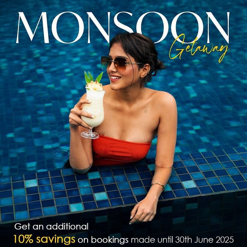 A poster for Monsoon Getaway featuring a woman in a red swimsuit holding a drink in a pool. Text highlights 10% savings on bookings made until 30th June 2025, stay valid till 31st July 2025.
