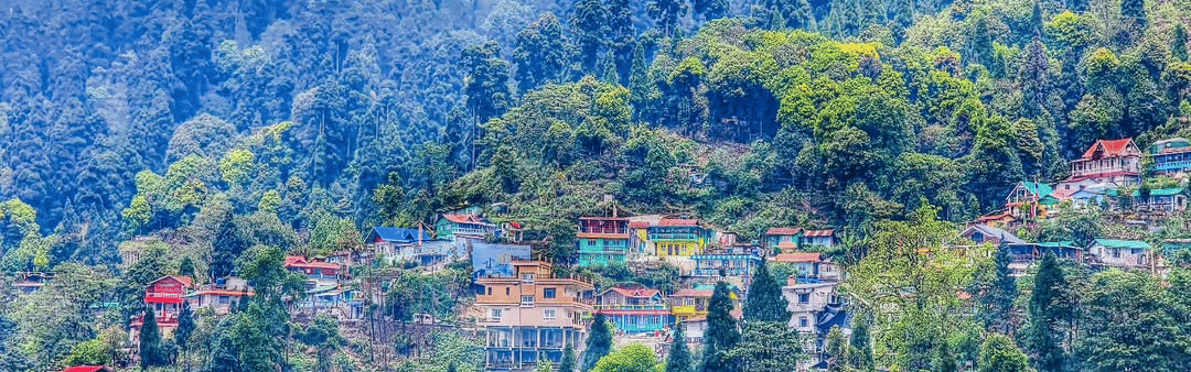 Scenic view of Kurseong hill town in Darjeeling with colorful houses nestled among lush green pine forests and misty Himalayan mountains