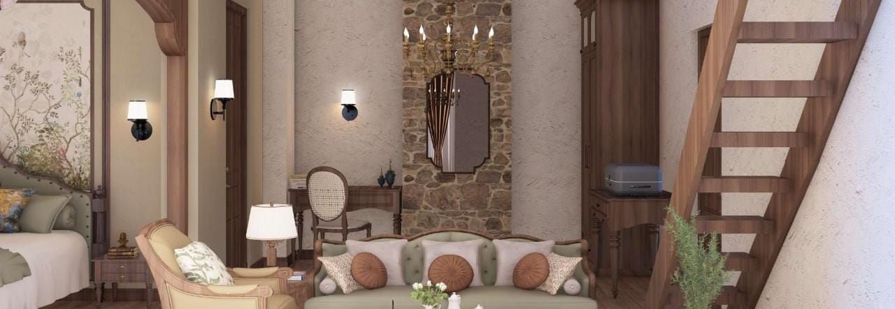 Rustic living area with a wooden staircase, stone wall details, and a sofa with patterned cushions at BluSalzz Terrah Hills Resort, Dalhousie.