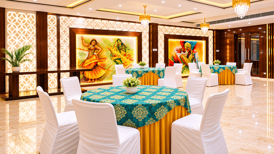Banquet hall with round tables in gold and white linen beneath framed artwork at Eastlynn Resort, Rishikesh.