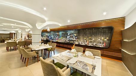 an image of a dining space with buffet section at an image of a dining space