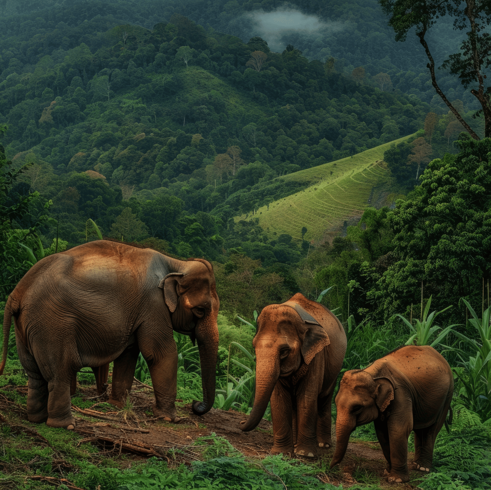 A herd of elephants walking through a lush forested valley with mist-covered hills in the background.