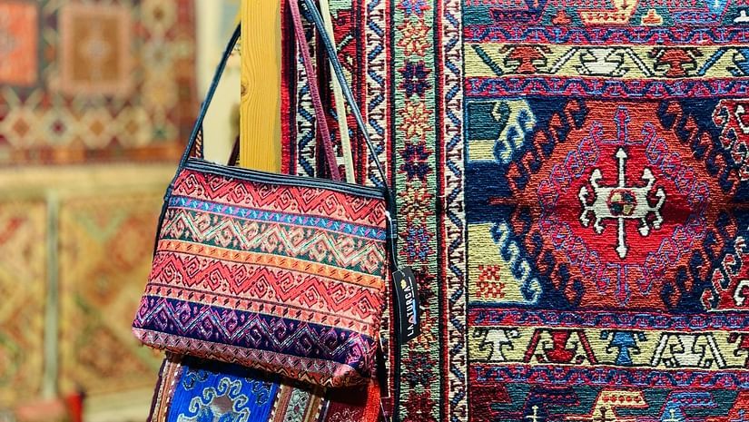 Colourful handmade patterned fabrics on display