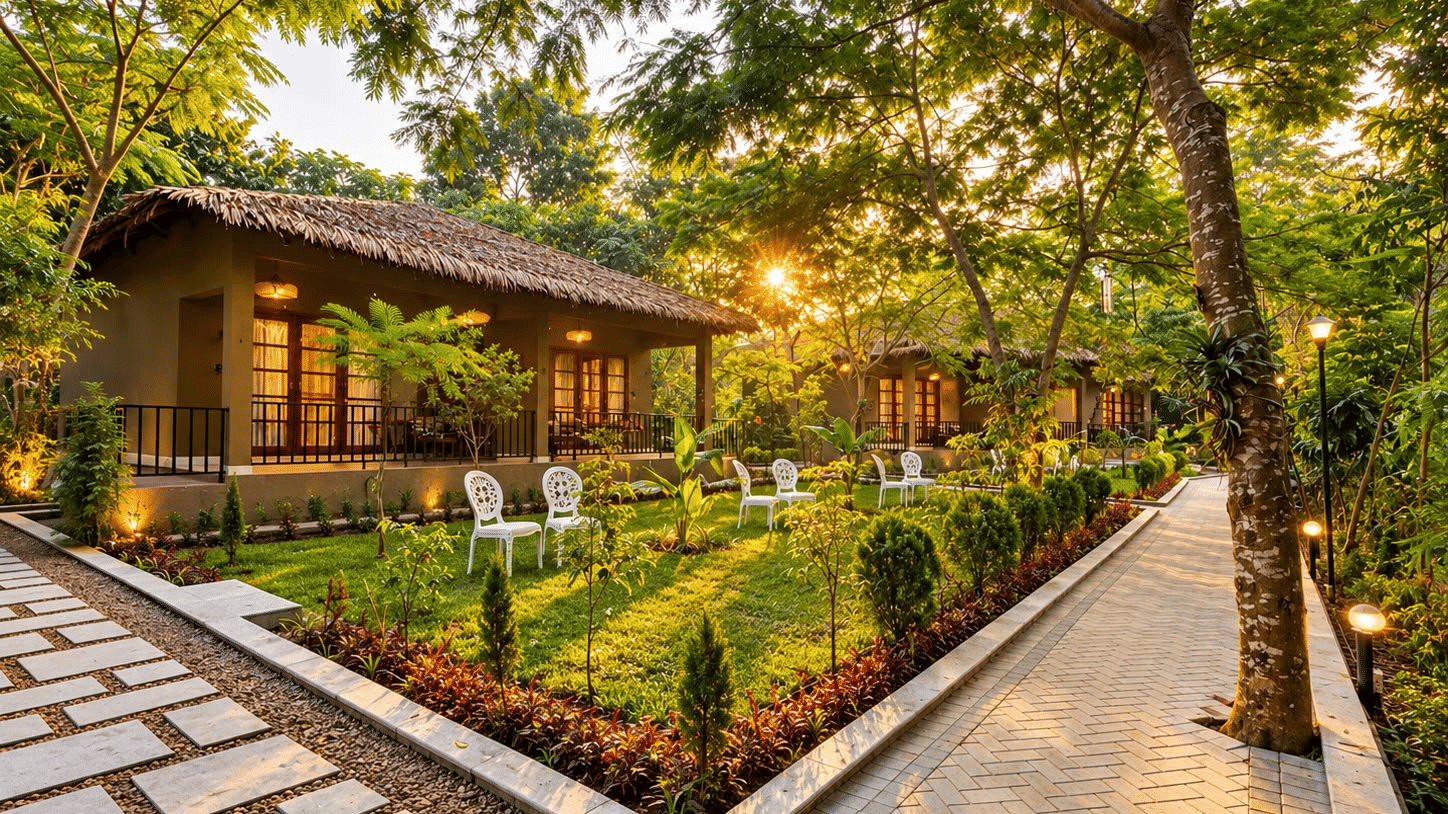 Voyage Eco Village Resort cottage nestled amidst lush greenery, mature trees and beautifully landscaped gardens, offering a peaceful nature-inspired stay near Kaziranga National Park