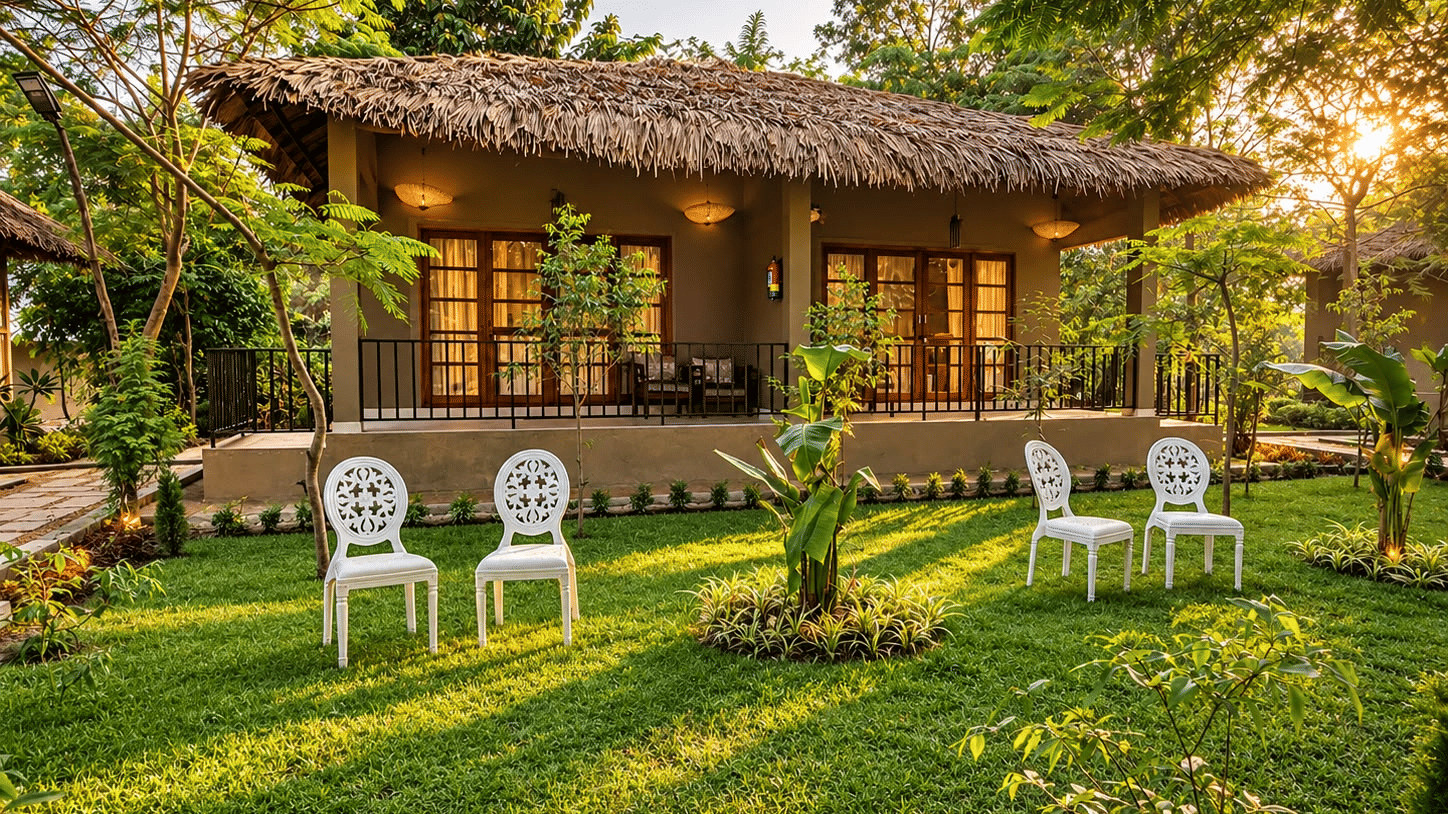 Outdoor garden seating at Voyage Eco Village Resort with white chairs and tables set amid lush lawns, tropical plants and shaded cottages, offering guests a tranquil setting to relax and enjoy nature