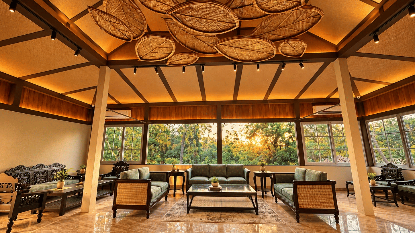 Open-air dining area at Voyage Eco Village Resort featuring a traditional thatched roof, wooden furnishings and a natural setting, creating a welcoming space for guests to enjoy their dining experience