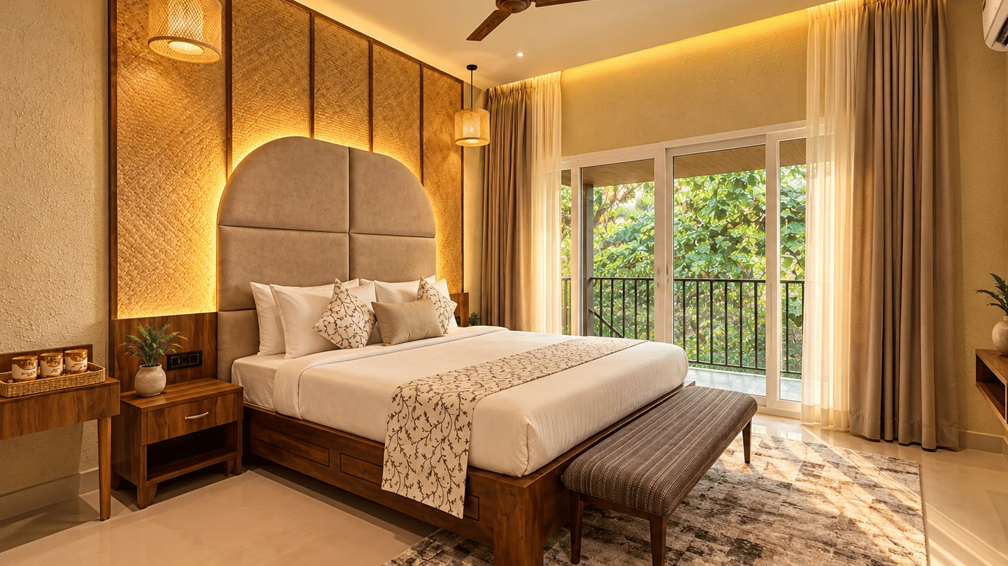 Guest room at Voyage Eco Village Resort featuring a comfortable bed, wooden furniture, large windows with flowing curtains and warm interiors, offering a welcoming retreat surrounded by the natural beauty of Kaziranga