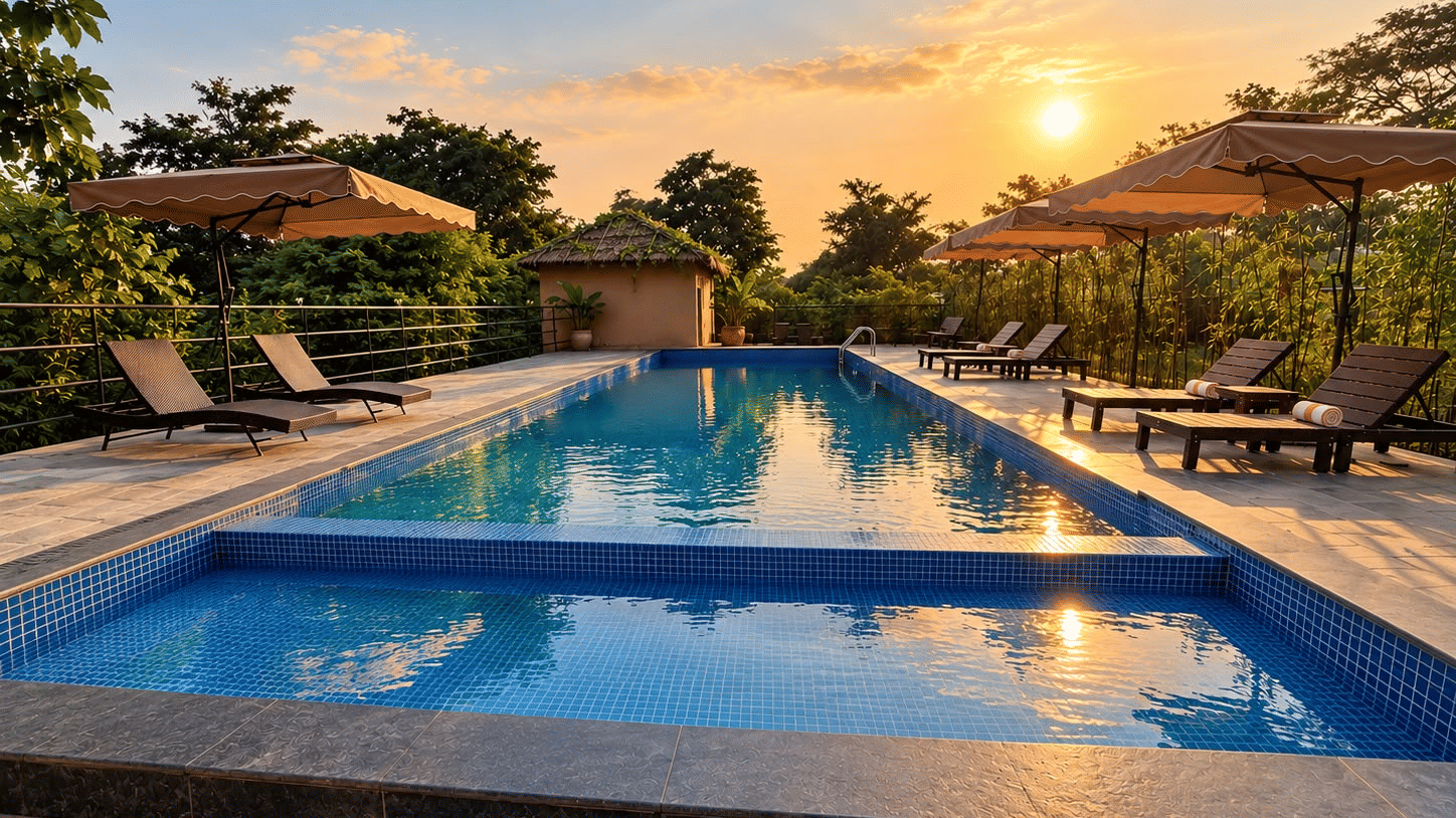 Swimming pool at Voyage Eco Village Resort surrounded by landscaped gardens, greenery and resort cottages, providing a relaxing outdoor space for guests to unwind during their stay in Kaziranga