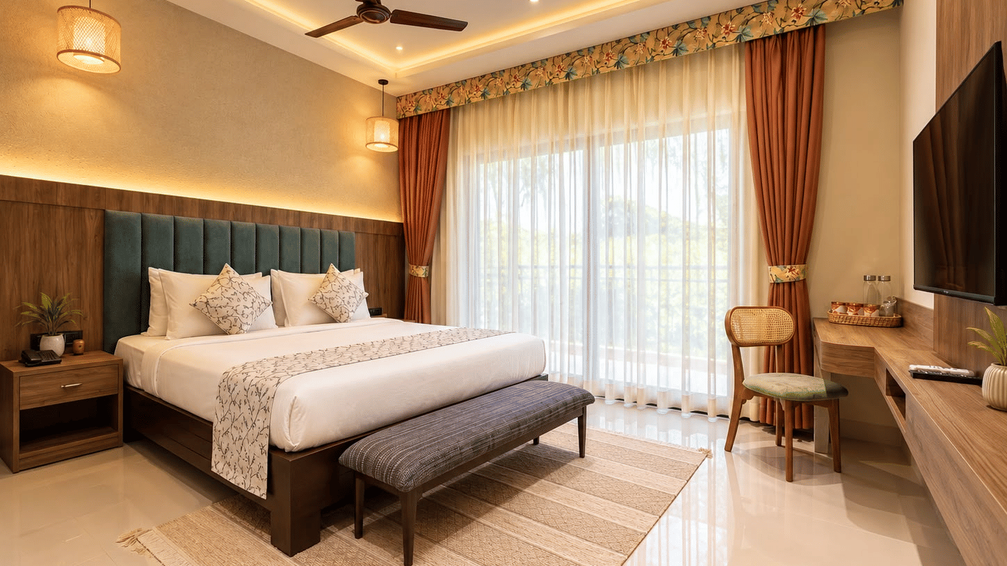 Luxury cottage bedroom at Voyage Eco Village Resort featuring a comfortable bed, upholstered headboard, warm lighting and thoughtfully designed interiors for a restful and comfortable resort stay