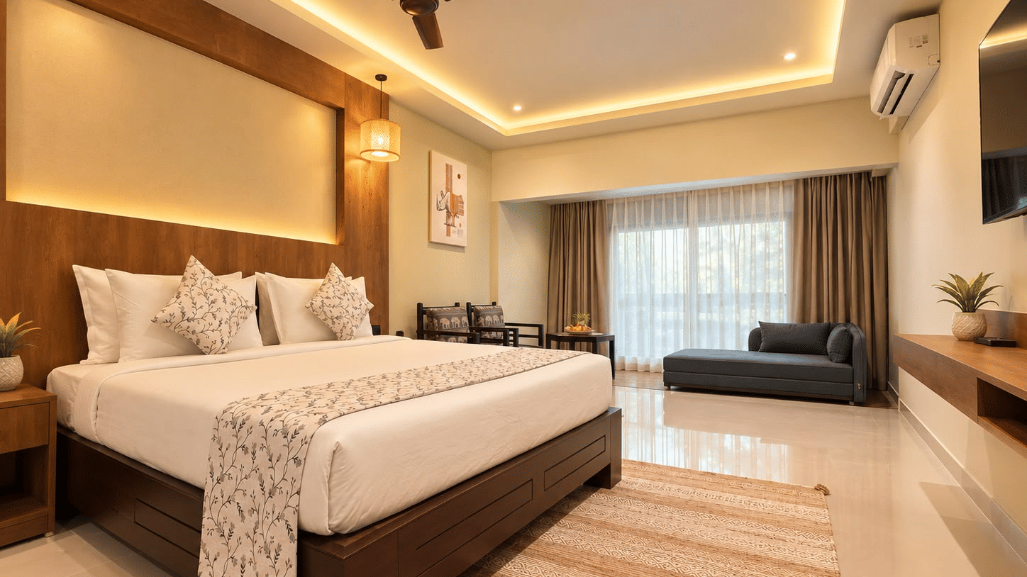 Premium room at Voyage Eco Village Resort featuring a comfortable double bed, elegant wooden furnishings, warm lighting and large windows that create a bright and inviting space for a relaxing stay