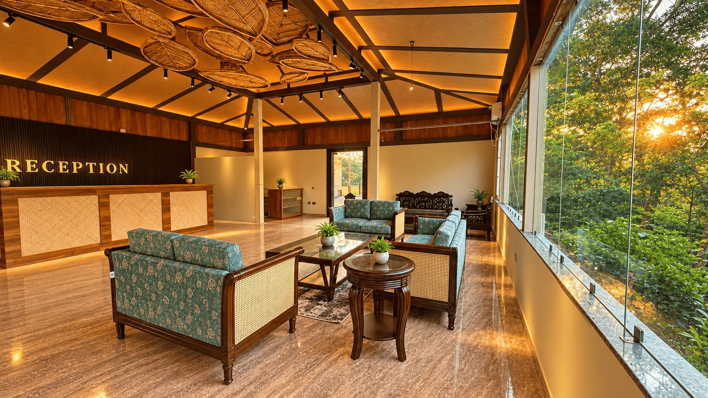Restaurant and dining space at Voyage Eco Village Resort featuring a traditional thatched roof, wooden tables and chairs, and open sides overlooking greenery for a relaxed dining experience