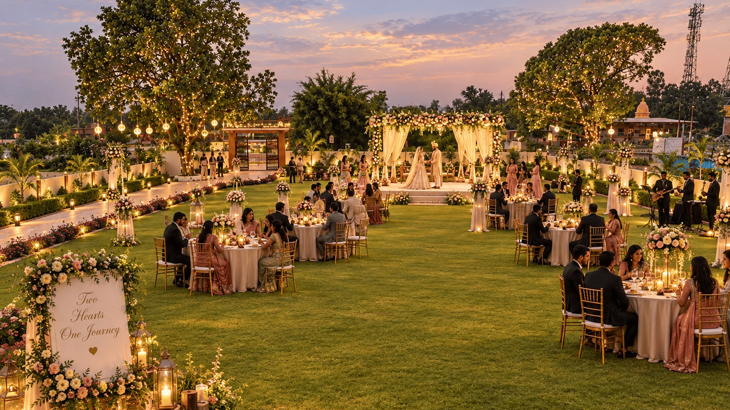 Decorated hotel lawn with round dining tables, floral arrangements and guests gathered for an outdoor evening celebration.