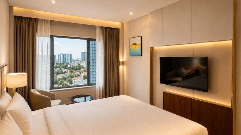 A Premium Room at Pride Plaza Indore showing a double bed, a wall-mounted television on a panel, and a window with curtains overlooking a city view.