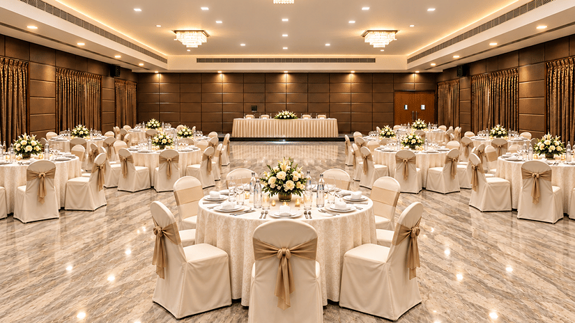 Vantage Hall at Raj Park Hotel - Chennai, featuring a cluster seating arrangement under bright warm lighting, perfect for a wedding based on the muhurtham dates (2026)