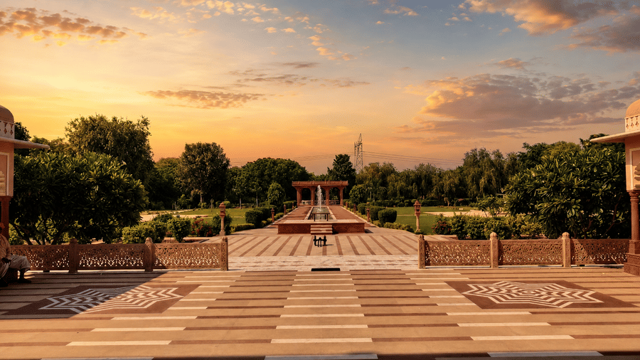 Golden-Hour Garden with Central Waterway with Fountain-Umaid Palace Dausa-Resort Near Jaipur