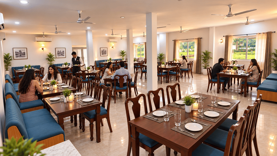 Spacious hotel restaurant with wooden dining tables, chairs, ceiling fans and guests enjoying a meal in a bright dining area.