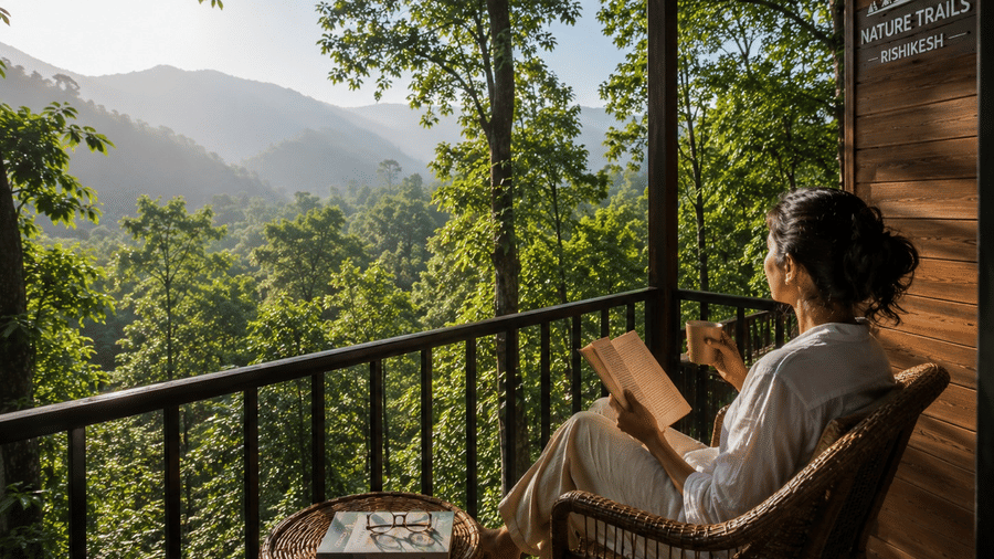 Solo traveller balcony room forest view Nature Trails Rishikesh near Rajaji Park