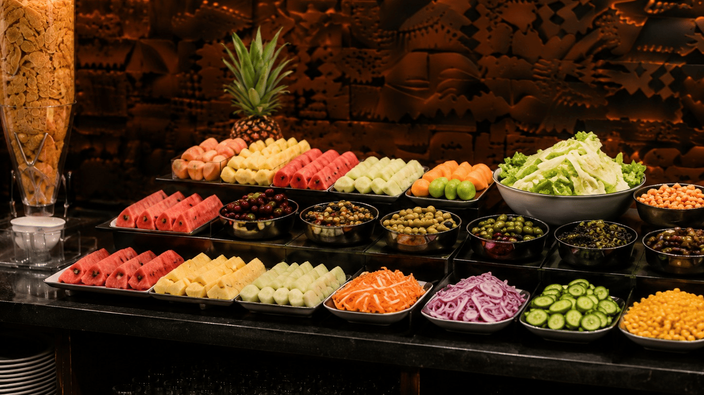 Buffet counter at Lime Tree Hotel & Banquet, Jaipur, with platters of sliced fruit, chopped vegetables and a pineapple.