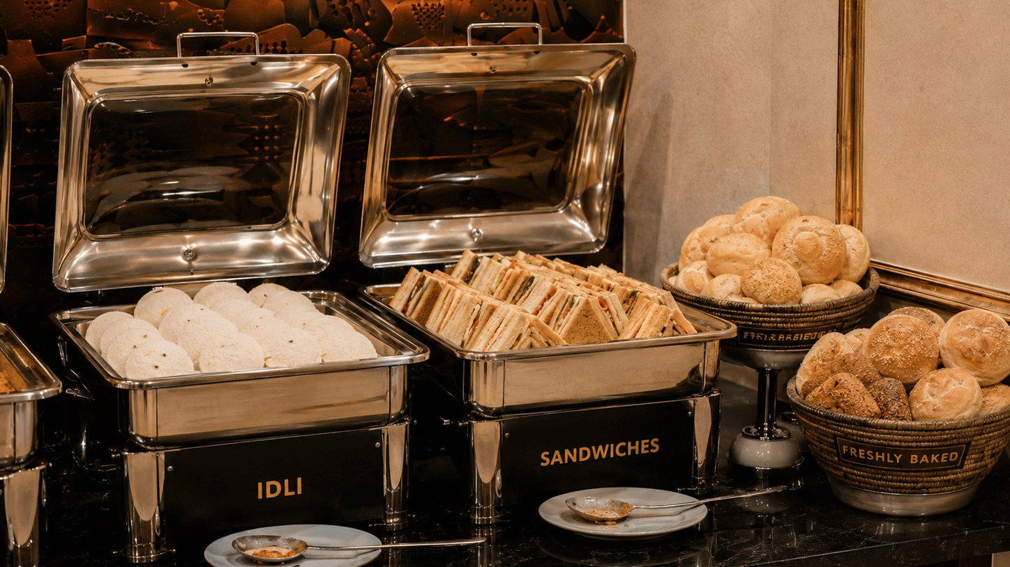 Buffet at Lime Tree Hotel & Banquet, Jaipur, with chafing dishes of idli and sandwiches beside baskets of bread rolls.