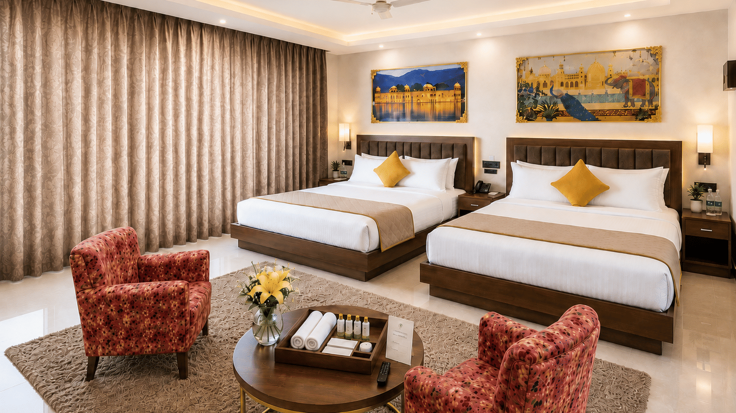 A bedroom inside Lime Tree Hotel & Banquet, Jaipur. The space contains two beds, two armchairs, a coffee table, and frames on the wall.