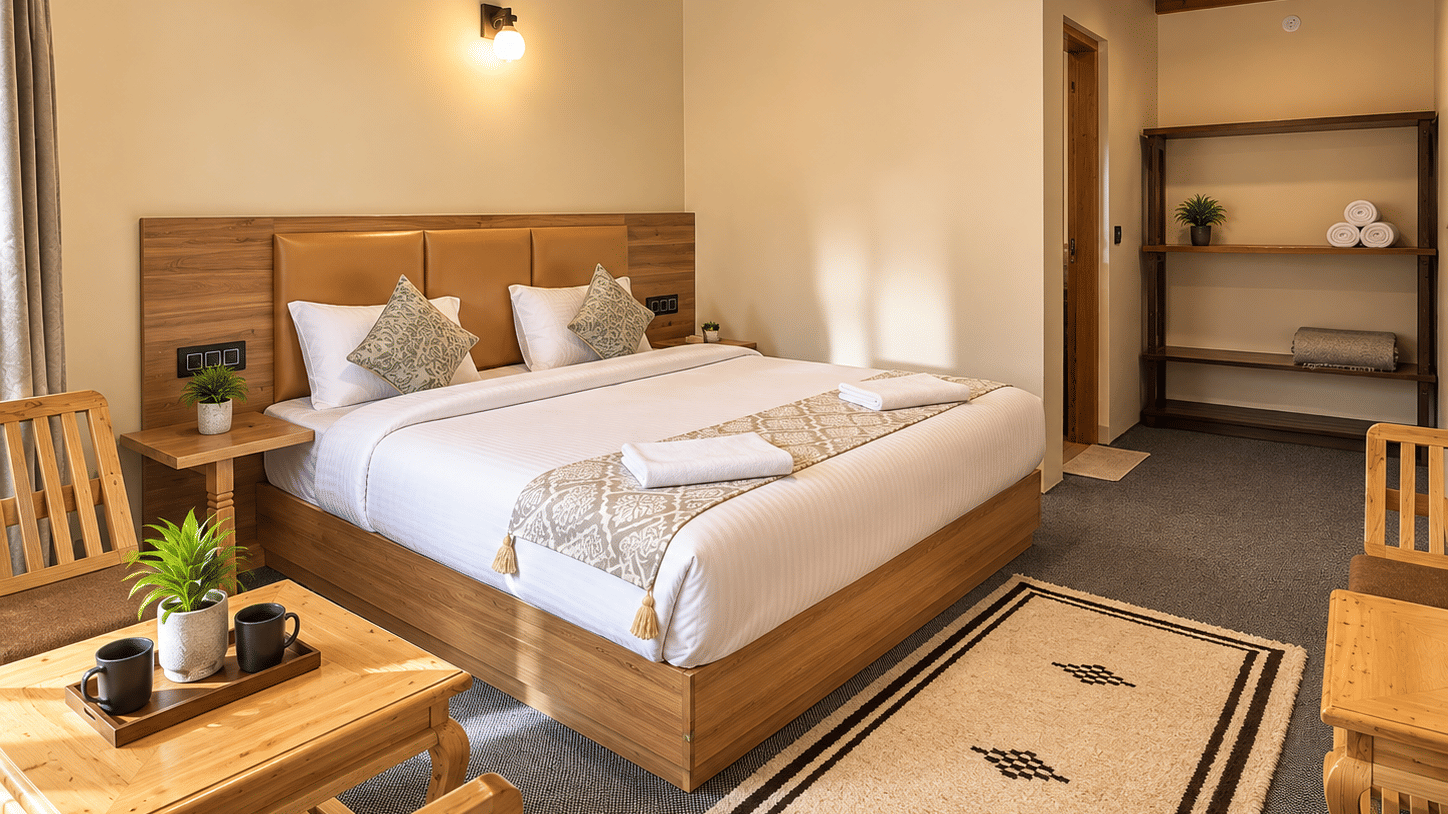 Bedroom with a queen-size bed, wooden furniture, bedside tables, open shelving and a patterned floor rug.