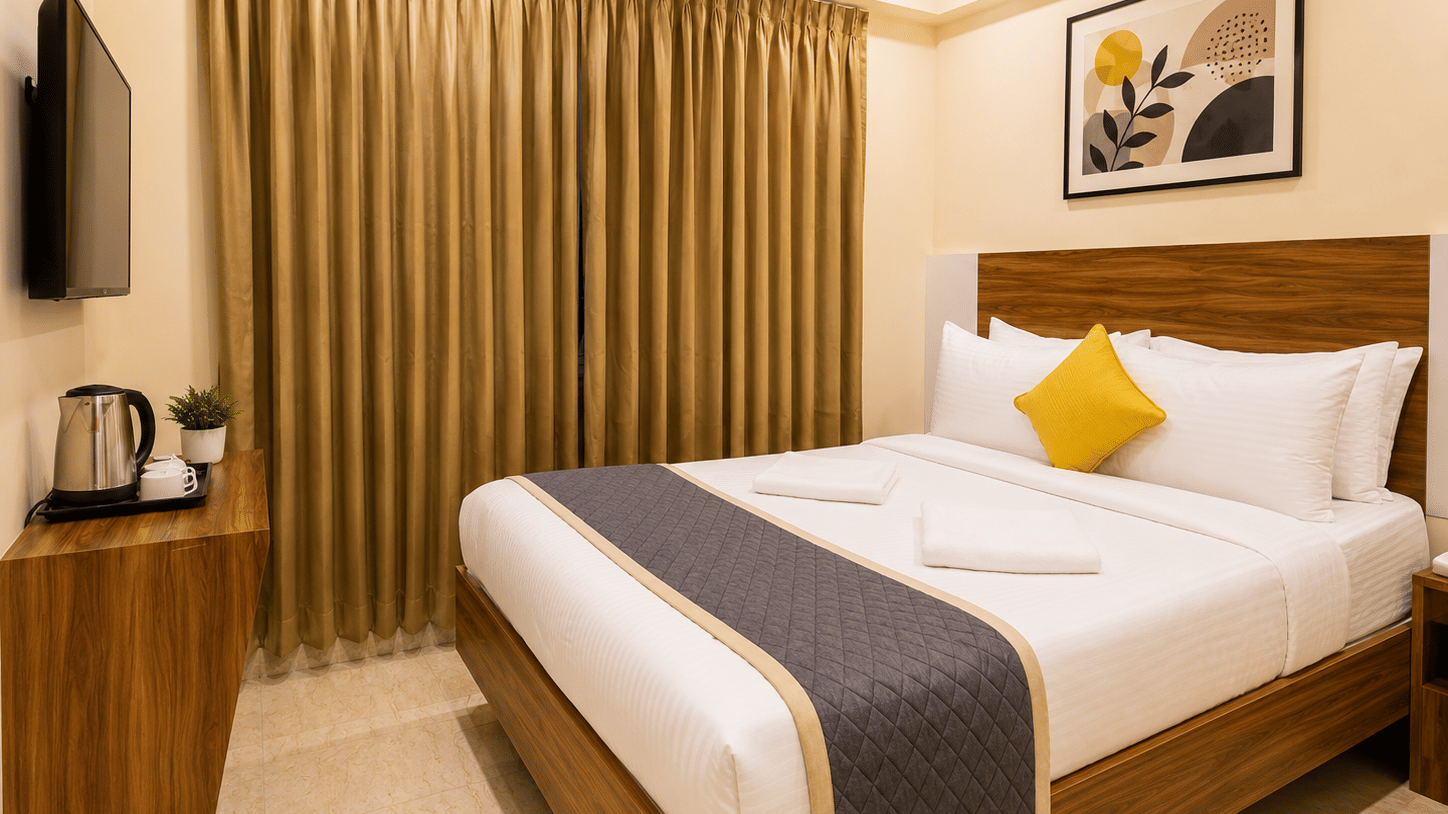 Stylish guest room at Urban Comforts with warm wooden accents, modern amenities, and relaxing interiors