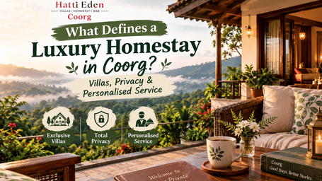 A promotional poster for Hatti Eden in Coorg featuring a luxury homestay with exclusive villas, privacy, personalised service, and a scenic mountain view.