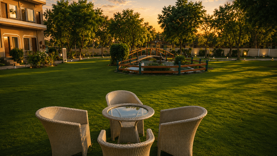 Manicured garden lawn with outdoor wicker seating under golden hour light at Kadamb Kuteer, Vrindavan.